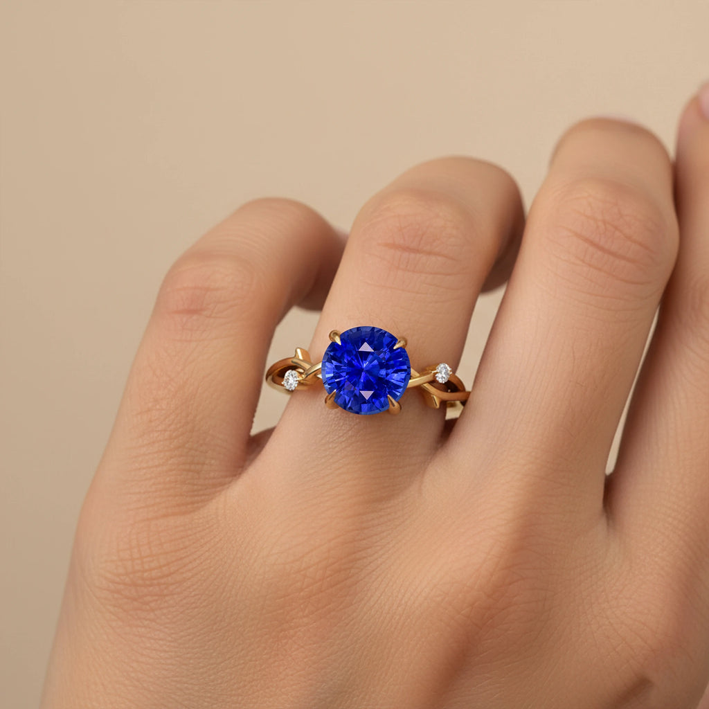 Lab Grown Round Cut Blue Sapphire & Diamond Twisted Band Ring Fine Jewelry 14K Solid Gold September Birthstone Solitaire Rings
