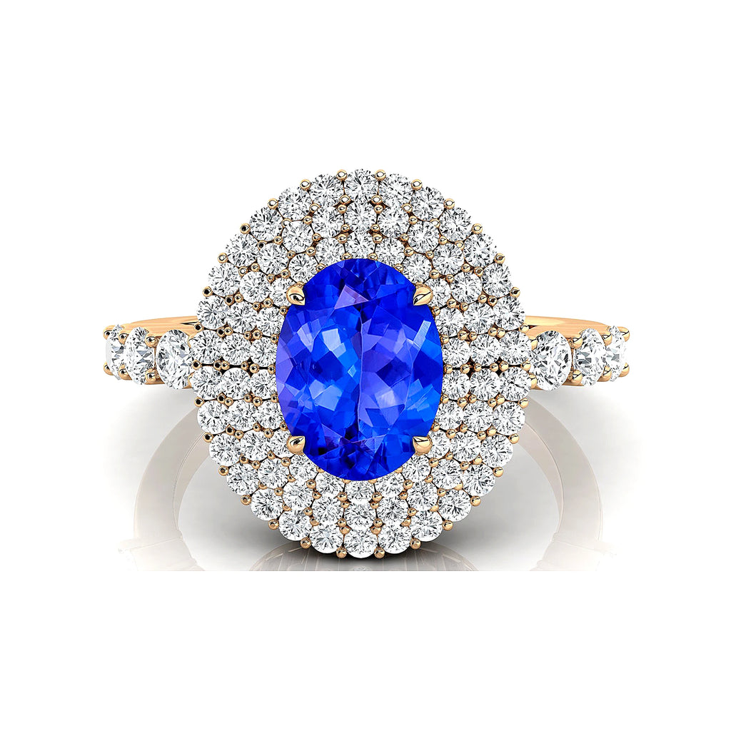 18k Gold Statement Rings Adorned With Natural December Birthstone Tanzanite Gemstone & Round Cut Certified Diamonds Ring For Her