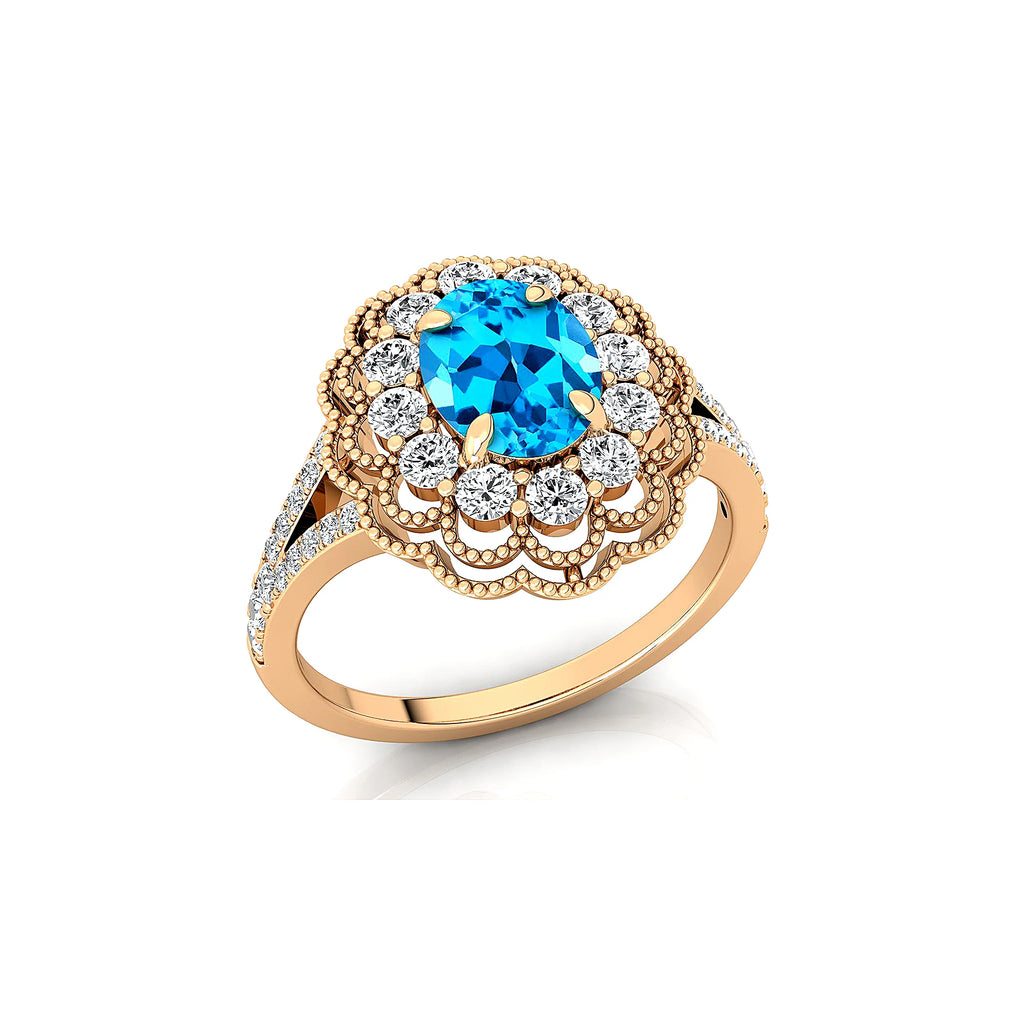 Exclusive Wedding Cluster Rings 18K Solid Gold Natural Swiss Blue Topaz Gemstone Real White Diamond Rhodium Plated Ring For Her
