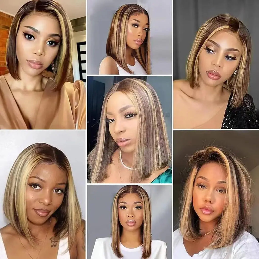 Bob Wig Human Hair 13x4 HD Lace Frontal Short Straight Lace Front Bob Wigs For Women Human Hair Pre Plucked Side Part 150% Density Ombre Highlight 4/27