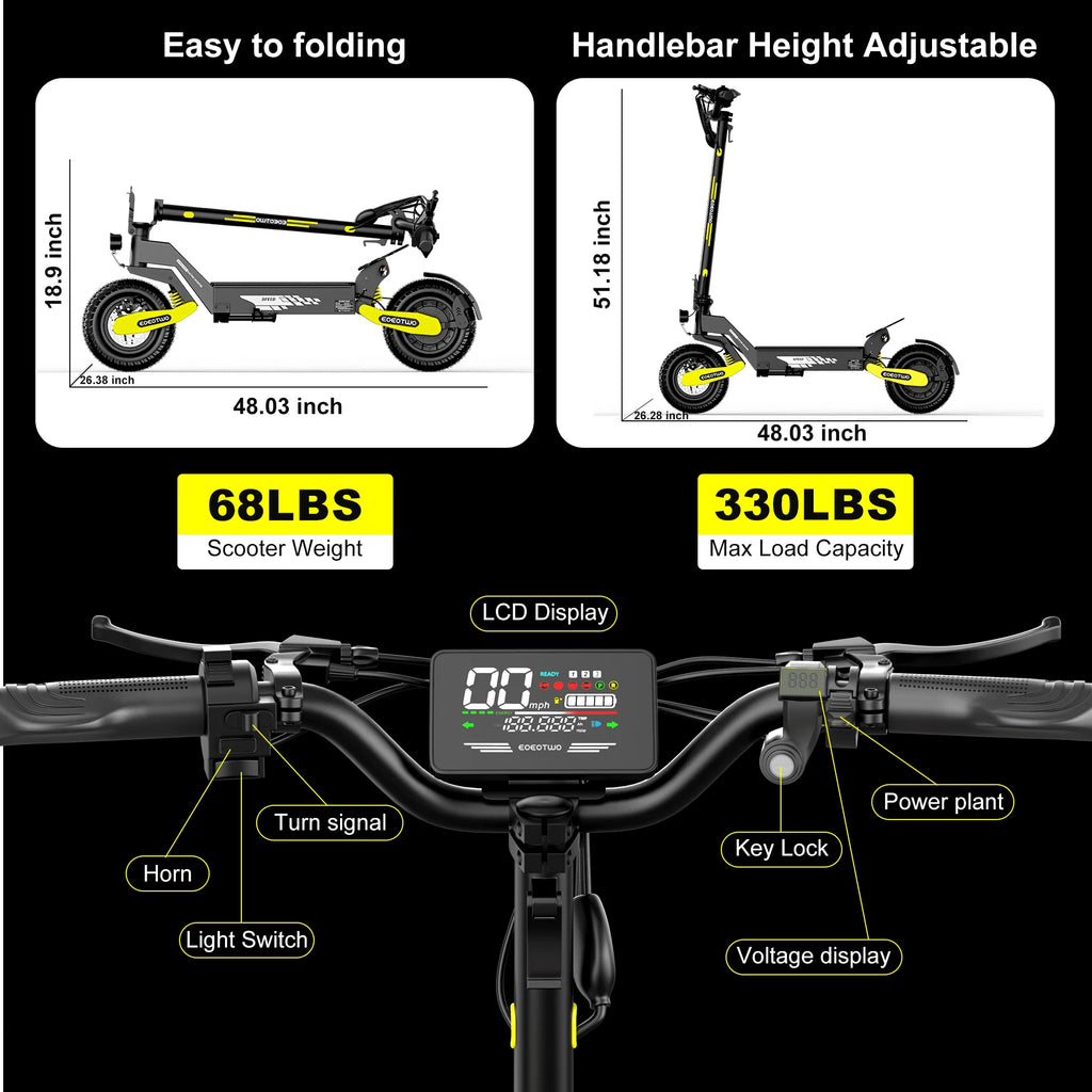 EOEOTWO 1200W Off Road Electric Scooter for Adults 48V Long Range E-Scooter 30MPH Fast Speed 11" Tubeless Tire Foldable Kick Scooter