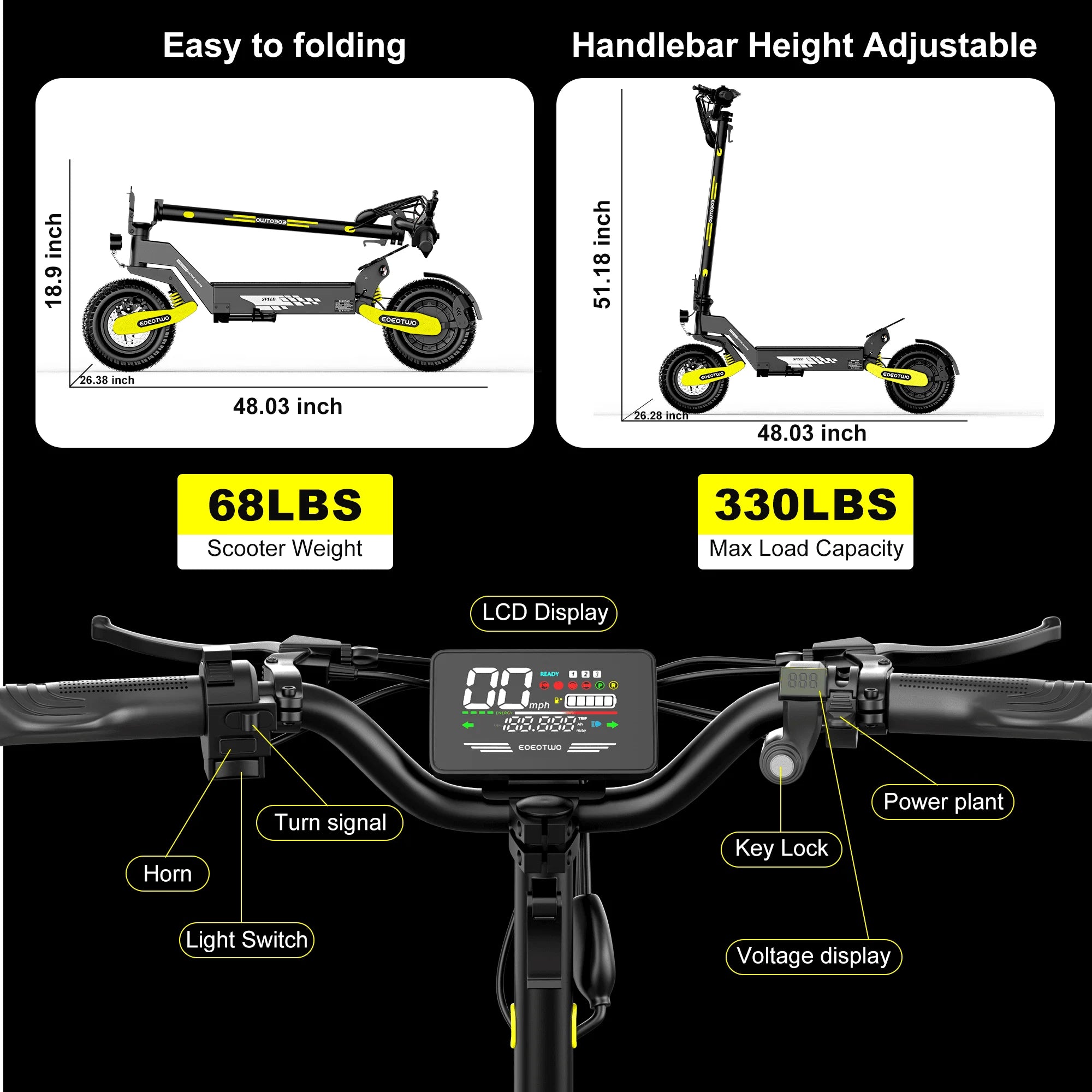 EOEOTWO 1200W Off Road Electric Scooter for Adults 48V Long Range E-Scooter 30MPH Fast Speed 11" Tubeless Tire Foldable Kick Scooter