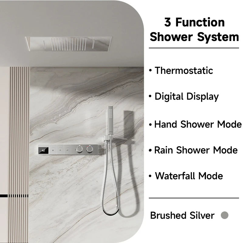 630×330mm Ceiling Thermostatic Shower System Concealed Brass Rainfall Waterfall 4 Function Digital Display Anti-Scald Bathroom S