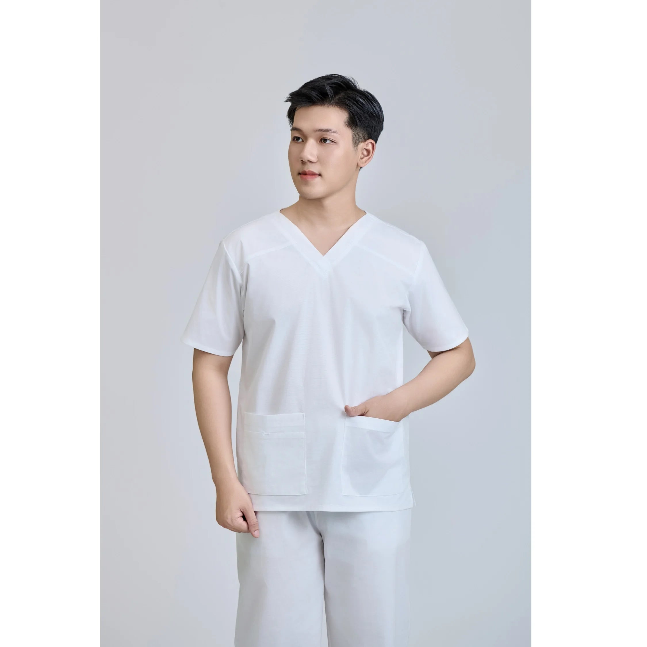 Unisex Medical Scrub White Set Fabric Needle Detection 52 Cotton 45 Polyester 3 Spandex WFX CVC FMF Vietnamese OEM