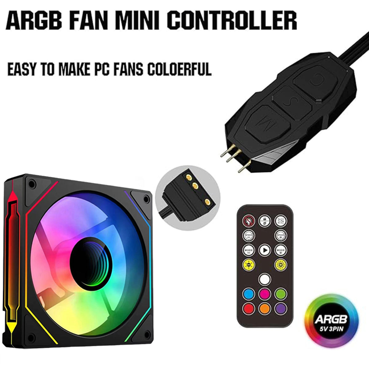 Computer Case ARGB Controller Kit, 5V 3PIN to SATA Power Supply, Aura PC ARGB Light Control Module, with 17-Key Remote Control