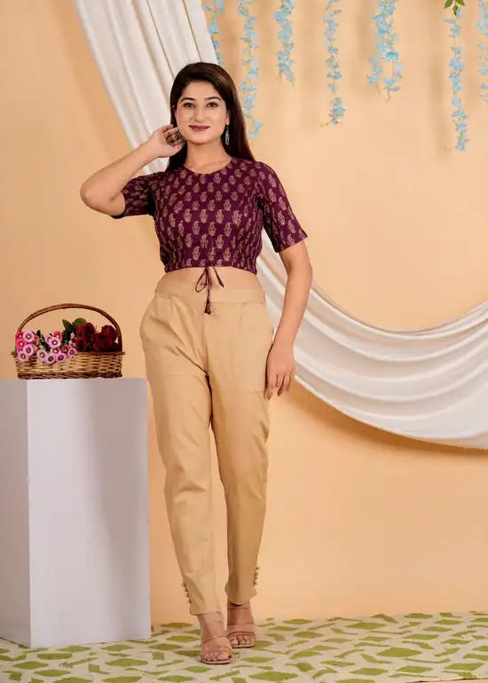 Wine Cotton Floral Printed Blouse 2 Piece Long Set Formal Summer Wear Neckline Regular Fit Soft Natural Feel Breathable