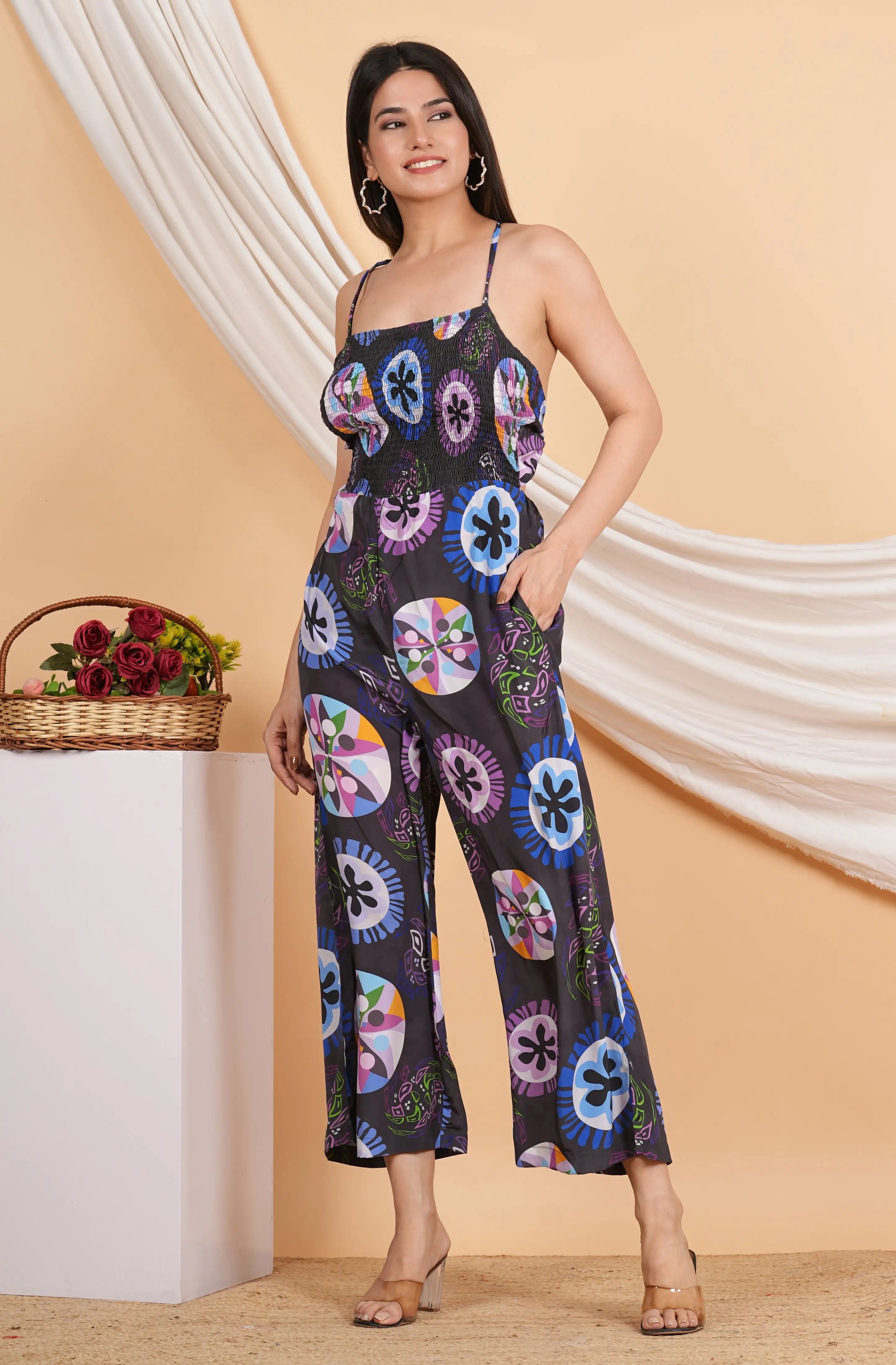 Womens black geometrical printed polyester jumpsuit with smoking embroidered detailing designed stylish comfortable daily wear