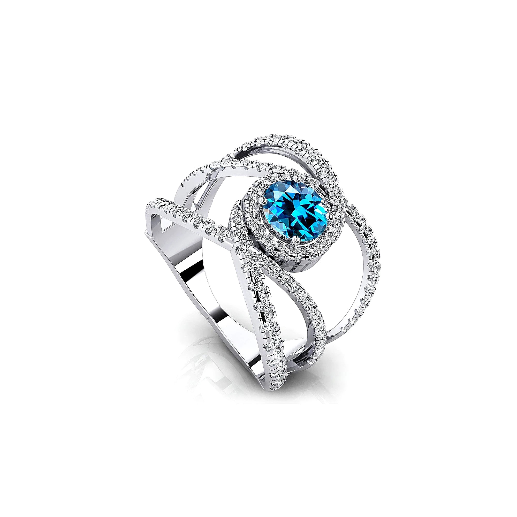 Natural London Blue Topaz Gemstone Rings 18k Solid Gold Rhodium Real Diamonds Handmade Wedding Statement Halo Ring Fine Jewelry
