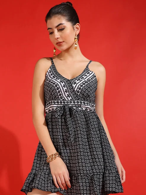 Black Floral Printed Polyester Formal Short Dress for Women One Set Sleeveless V-Neck Flared Fitted Eco-Friendly Summer Wear