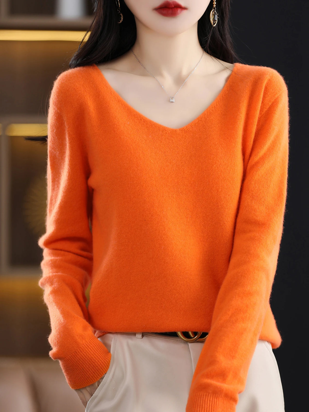 Sweater for Women 100% Merino Wool V Neck Sweater Fall Winter Basic Warm Pullovers Long Sleeve Soft Knit Jumpers Female Clothing