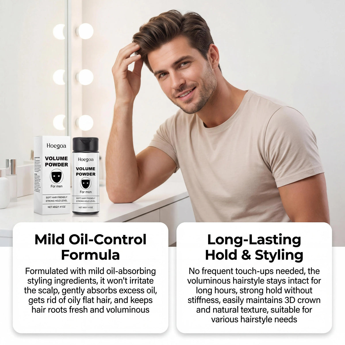 Hoegoa Men's Hair Volumizing Powder Oil Absorbing Matte Root Lift Styling Dust For Instant Volume Non Greasy Easy Application Fine Thin Hair Powder
