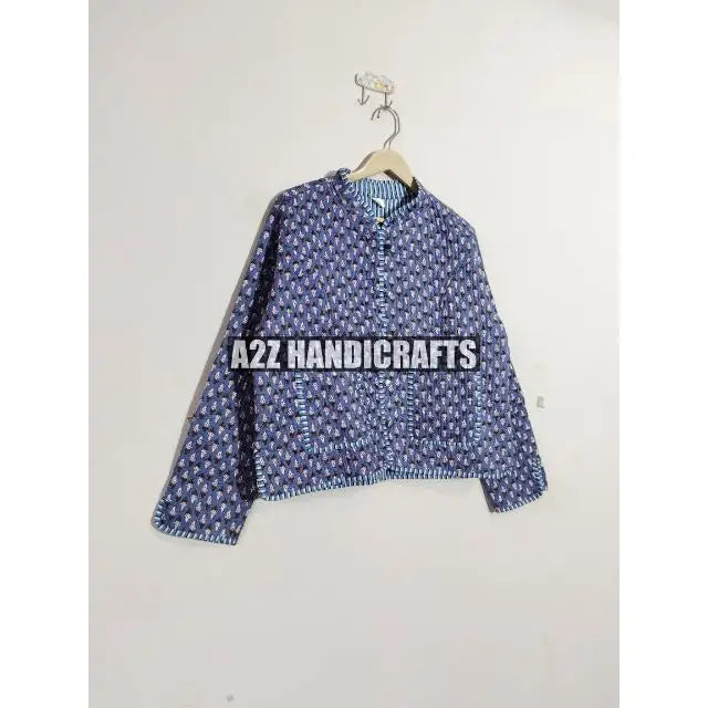 Indian Hand Block Print Cotton Quilted Jacket for Women New Style Breathable and Woven with Pocket Decoration for Autumn