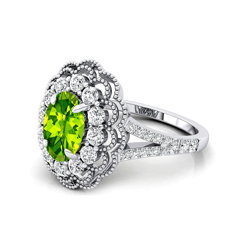 Trendy 14K Gold Oval Shape Natural Peridot Gemstone Cluster Real Cut Diamonds Halo Diamond Engagement Wedding Rings ODM Supplier