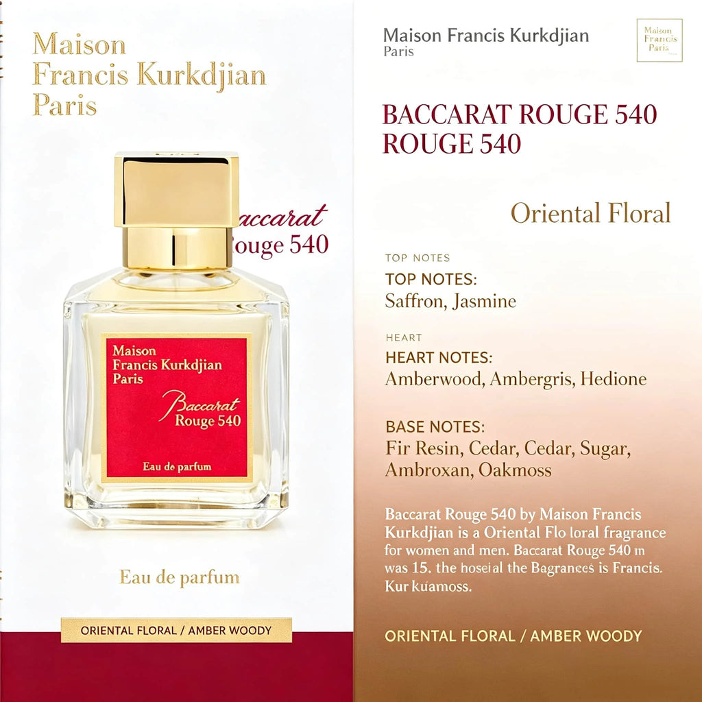 Maison Francis Kurkdjian Baccarat Rouge 540 Eau De Parfum 2.37 oz 70 ml |   Amber Wood Floral Notes Last for 8-10 Hours, Saffron Jasmine Warm and Deep. |   Important Dinners/Romantic Dates/Business Social Gatherings Modern Lu