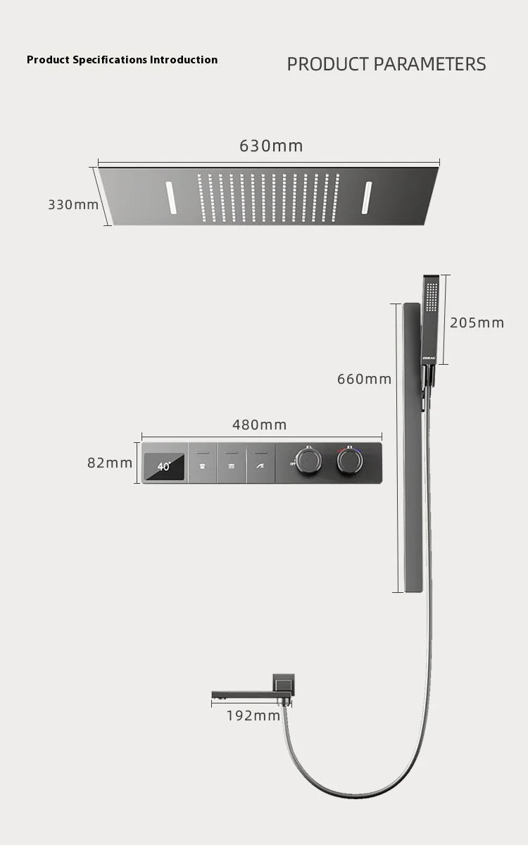 630×330mm Ceiling Thermostatic Shower System Concealed Brass Rainfall Waterfall 4 Function Digital Display Anti-Scald Bathroom S
