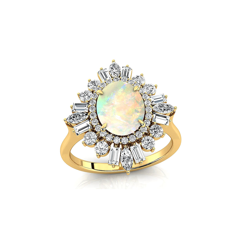 Gorgeous Ethiopian Opal Oval Cut Gemstone Real Diamonds Unique Design Halo Solitaire Rings Solid Gold Rhodium Plated Fine Party