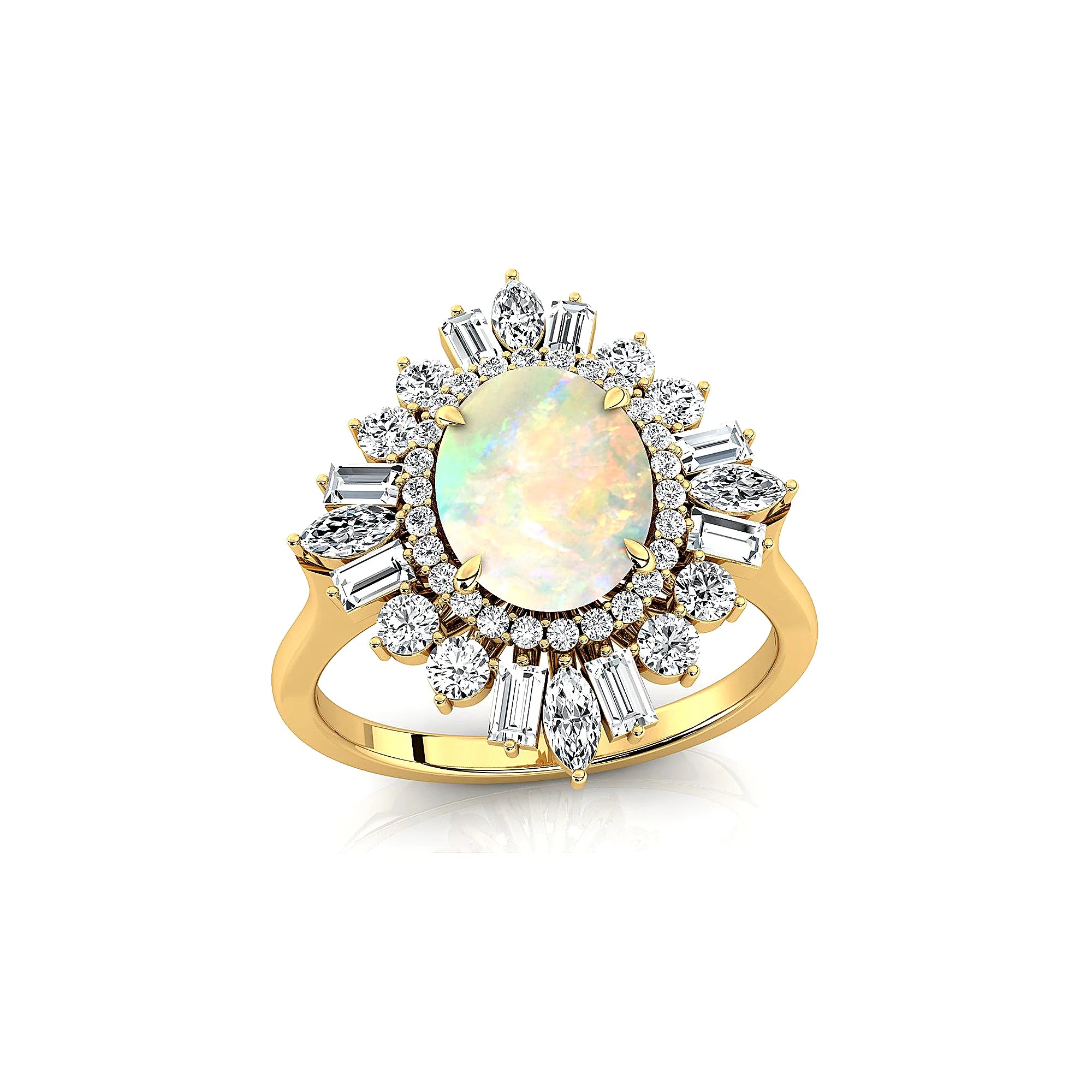 Gorgeous Ethiopian Opal Oval Cut Gemstone Real Diamonds Unique Design Halo Solitaire Rings Solid Gold Rhodium Plated Fine Party