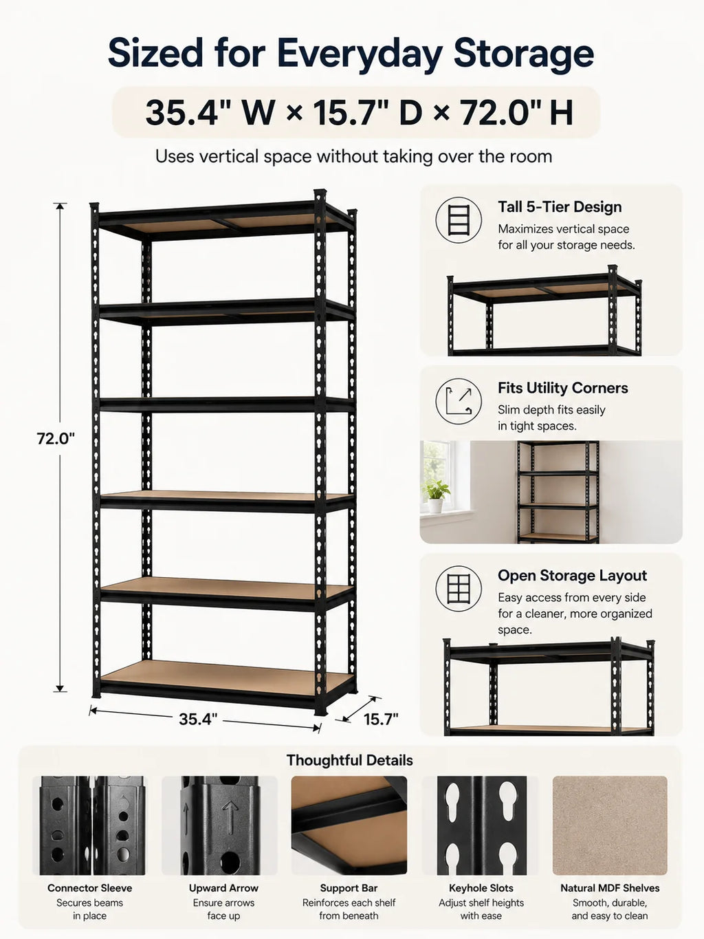 Heavy Duty 5-Tier Metal Shelving Unit with MDF Shelves, Adjustable Boltless Storage Rack Utility Organizer for Garage Basement Pantry