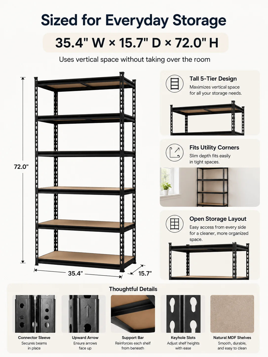 Heavy Duty 5-Tier Metal Shelving Unit with MDF Shelves, Adjustable Boltless Storage Rack Utility Organizer for Garage Basement Pantry