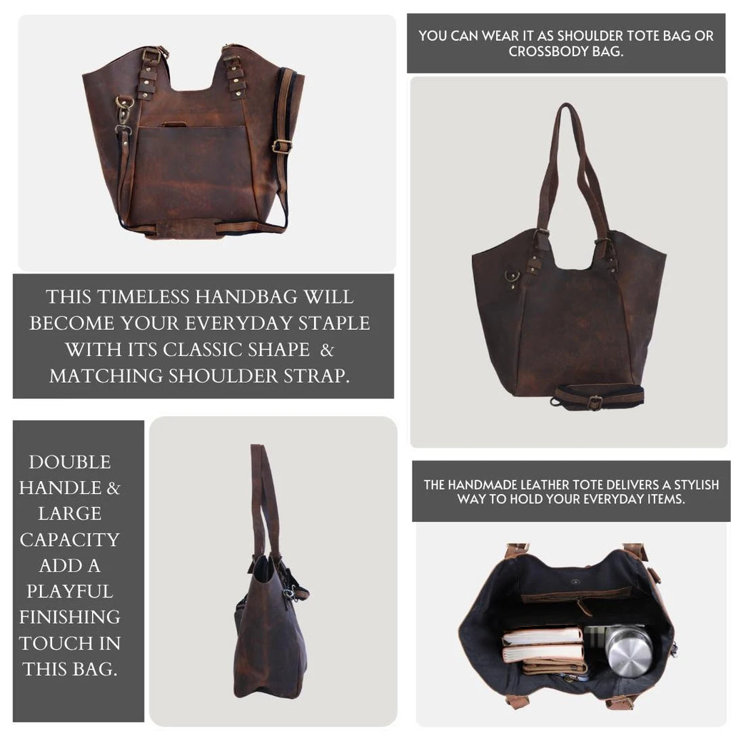 Women's Vintage Durable Lightweight Genuine Leather Tote Hobo Crossbody Shoulder Bag Two Straps Zipper Closure for Business Use
