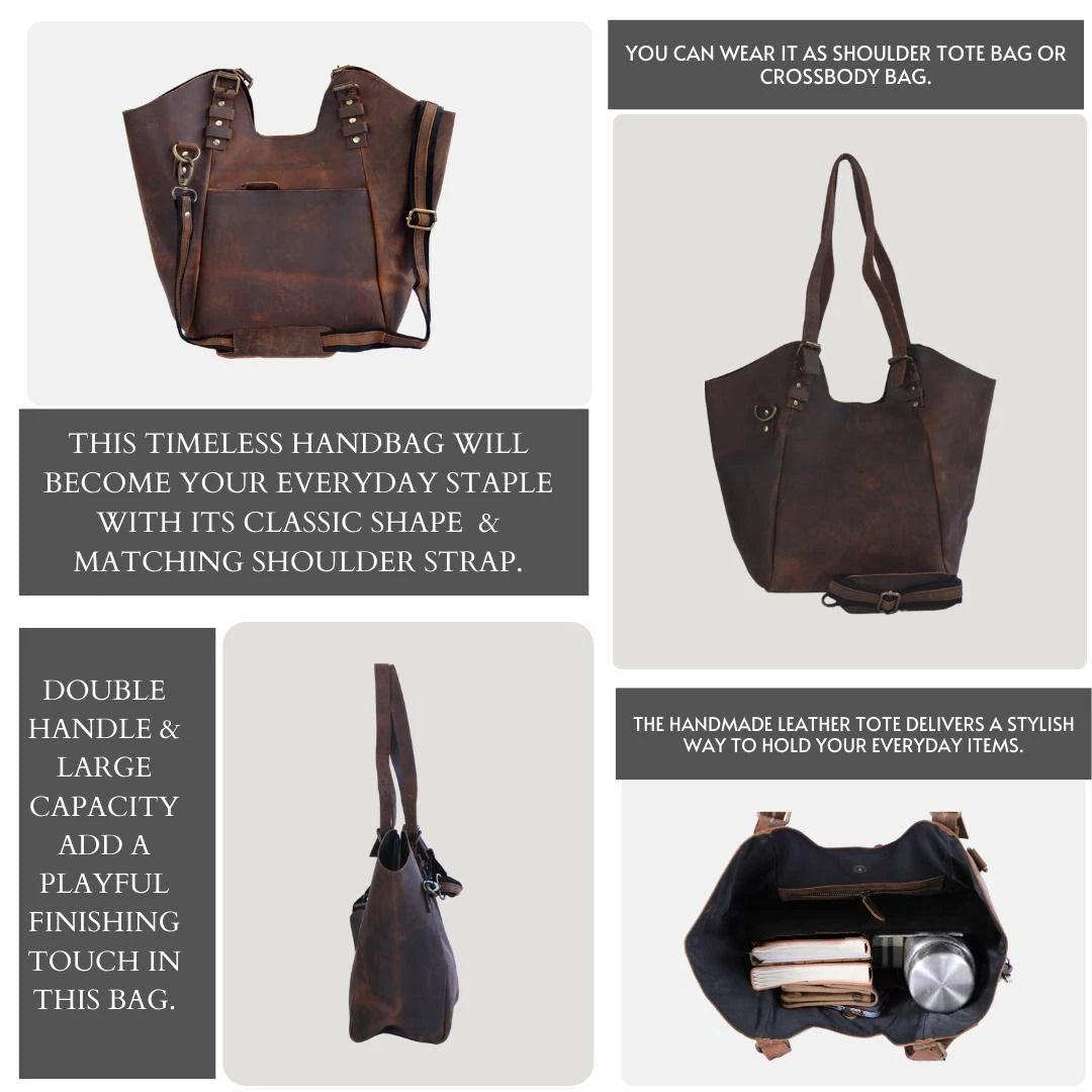 Women's Vintage Durable Lightweight Genuine Leather Tote Hobo Crossbody Shoulder Bag Two Straps Zipper Closure for Business Use