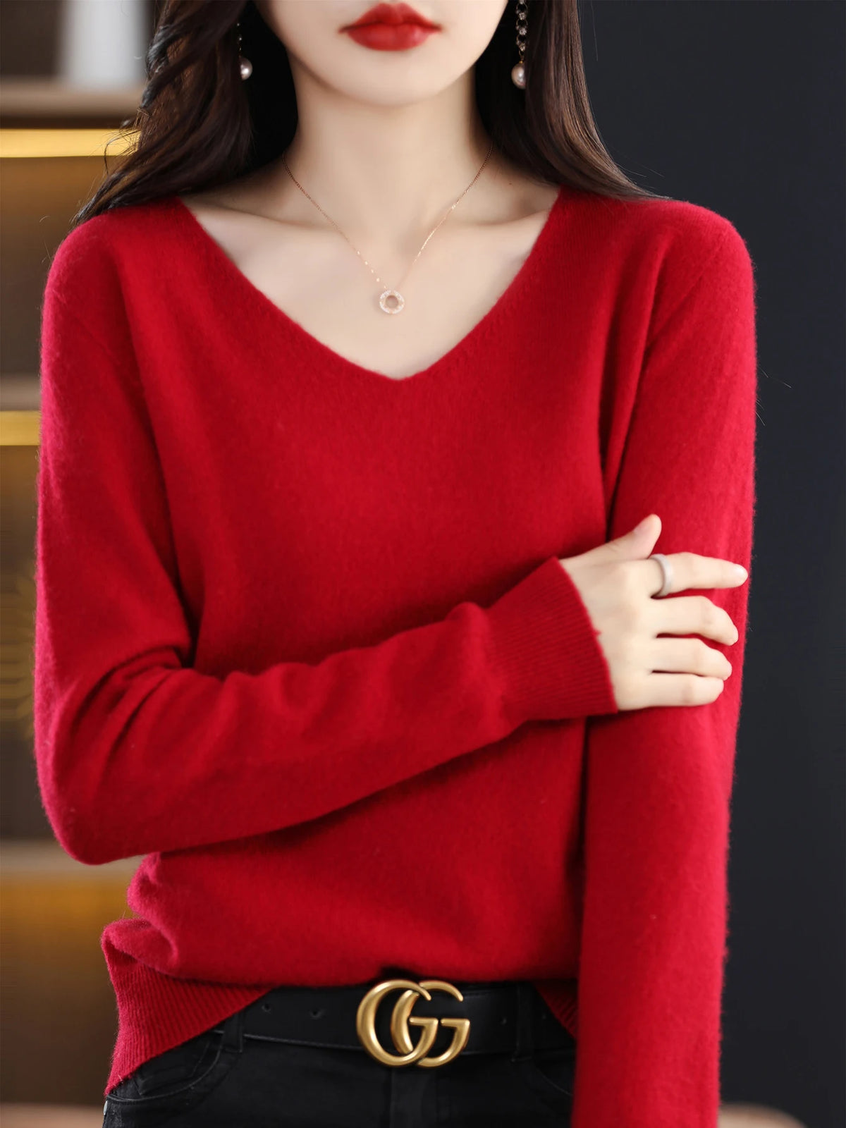 Sweater for Women 100% Merino Wool V Neck Sweater Fall Winter Basic Warm Pullovers Long Sleeve Soft Knit Jumpers Female Clothing