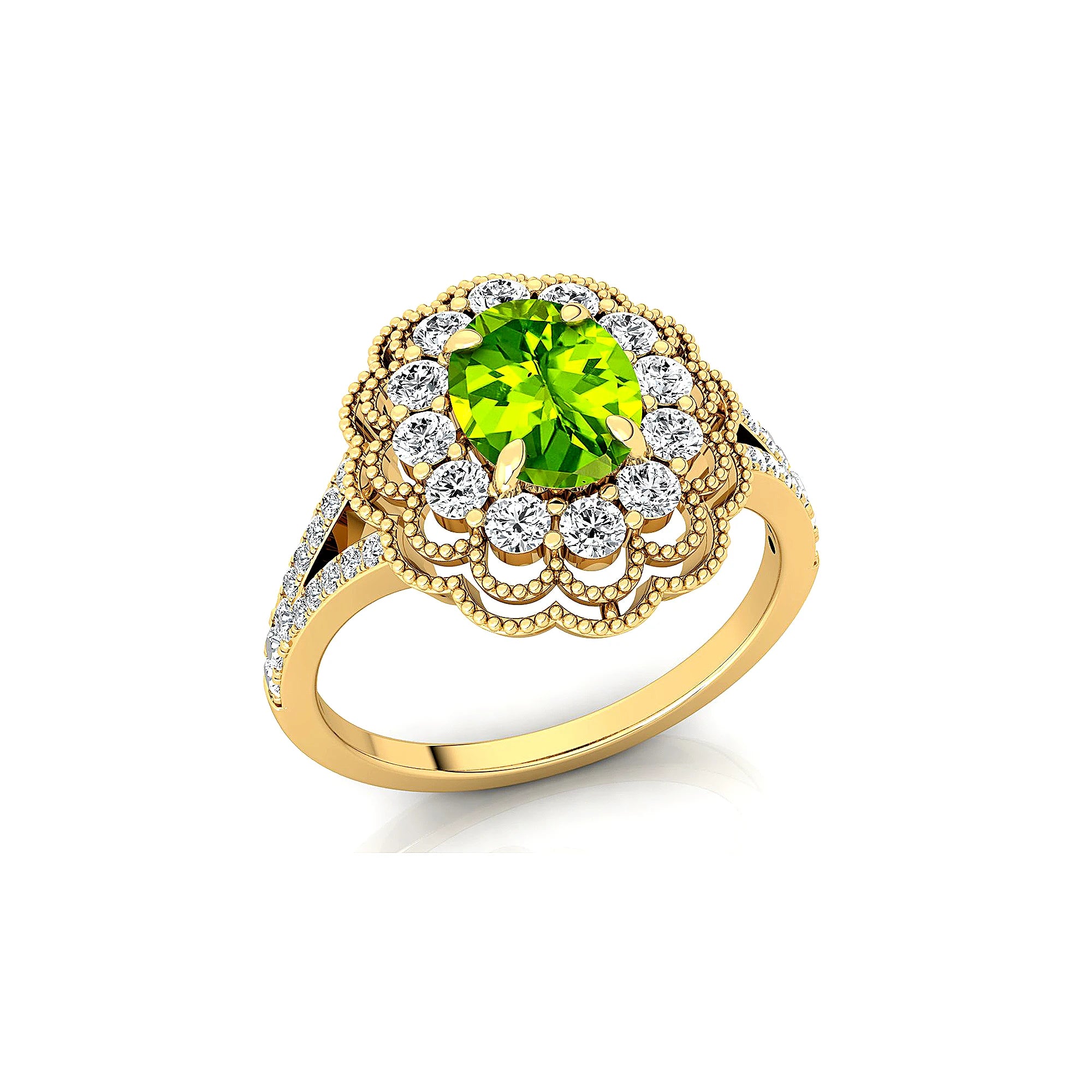 Trendy 14K Gold Oval Shape Natural Peridot Gemstone Cluster Real Cut Diamonds Halo Diamond Engagement Wedding Rings ODM Supplier
