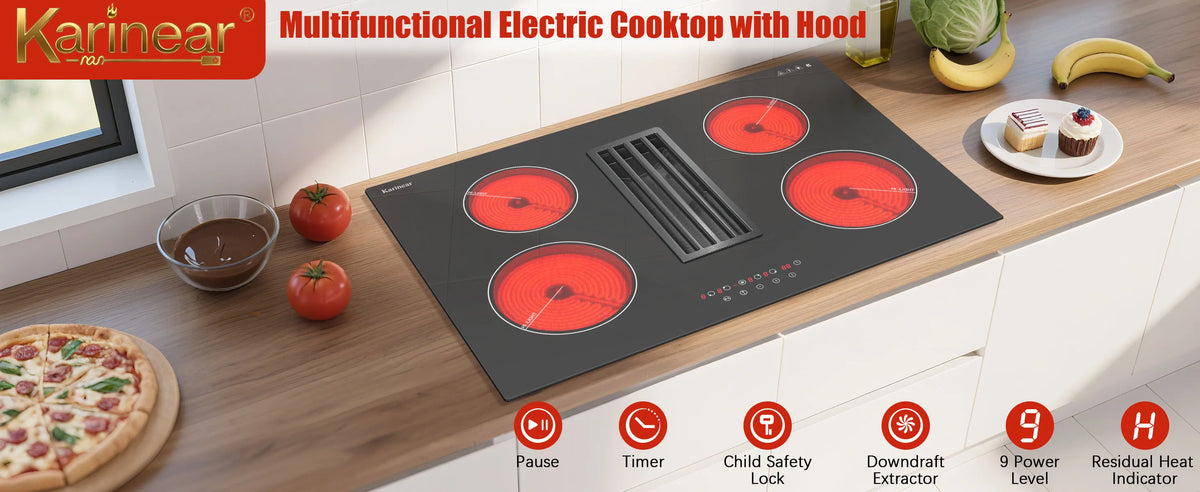 Karinear 2 Burners Electric Cooktop, 120v Plug in Ceramic Cooktop, 12 Inch Countertop & Built-in Electric Stove Top with Child Safety Lock, Timer, Over-Temperature Protection, Sensor Touch Control