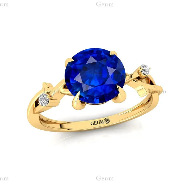 Lab Grown Round Cut Blue Sapphire & Diamond Twisted Band Ring Fine Jewelry 14K Solid Gold September Birthstone Solitaire Rings