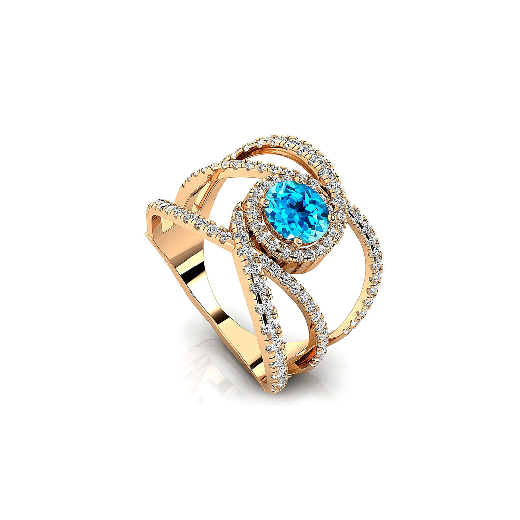 18k Solid Gold Rings Swiss Blue Topaz Gemstone Certified Diamonds Rhodium Plated Classic Party Gift Women's Engagement Halo Ring