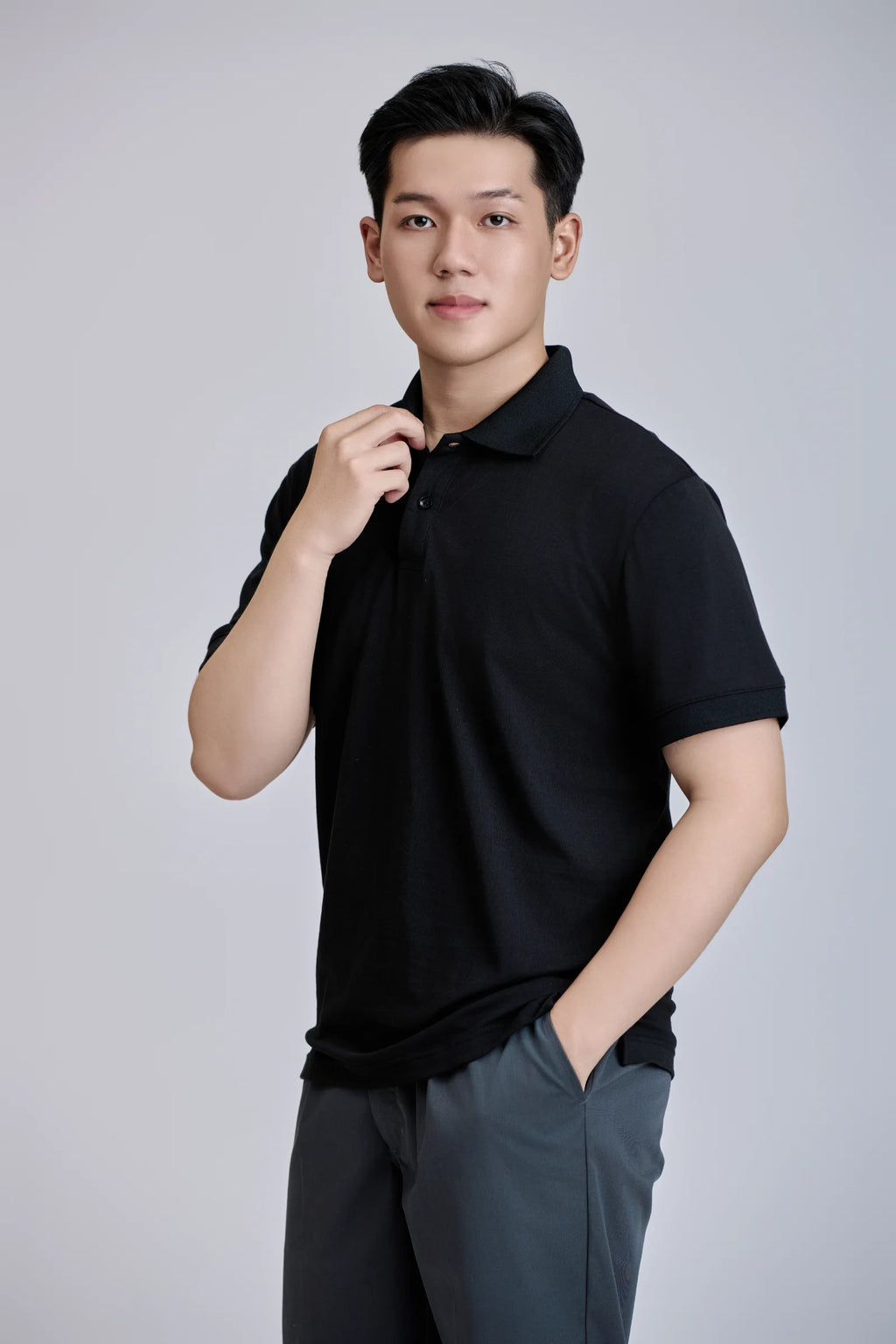 Front 200 Grams Short Sleeve Button Regular TC 60% Cotton +40% Polyester Casual Knitted for Shirt Black Vietnamese Made