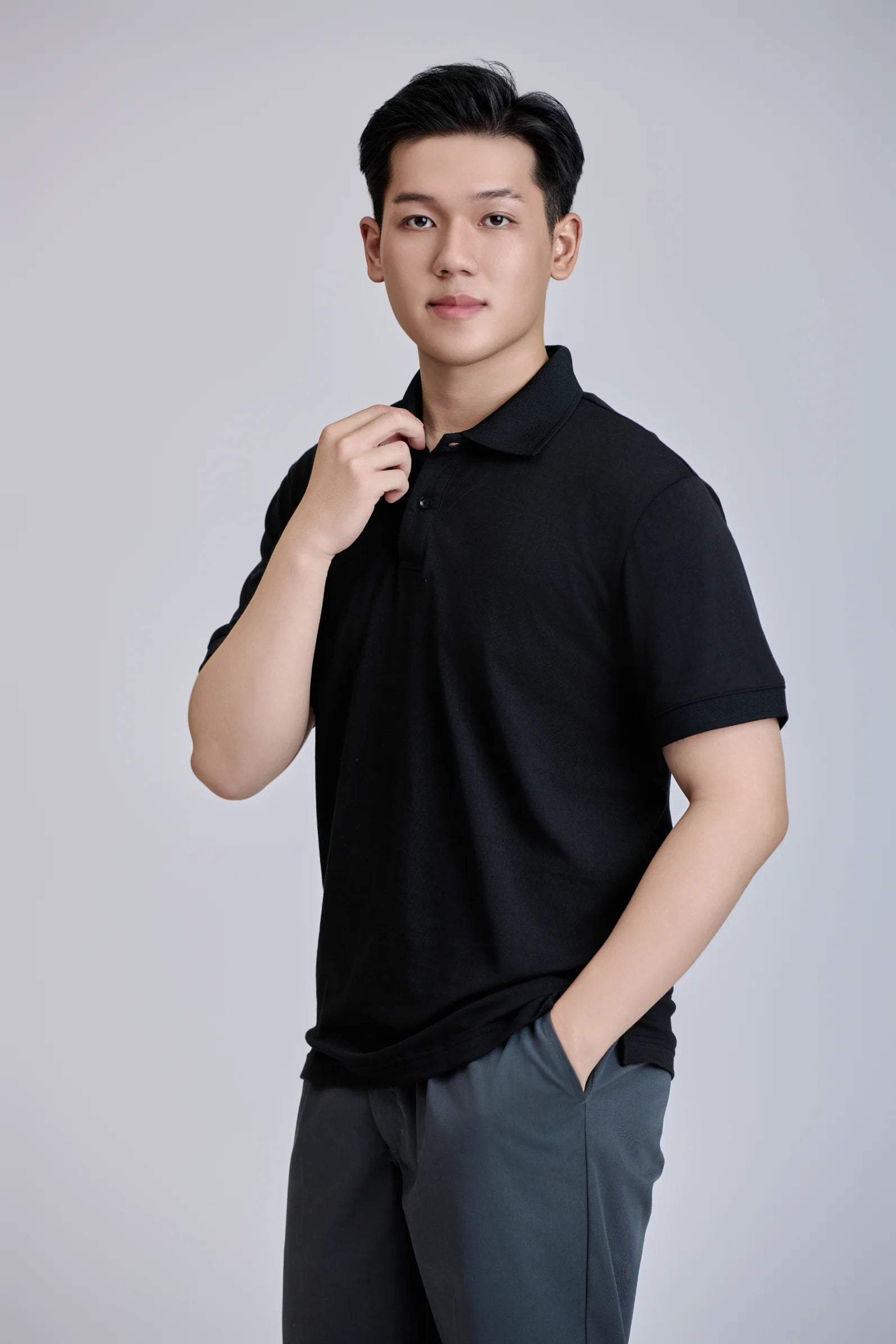 Front 200 Grams Short Sleeve Button Regular TC 60% Cotton +40% Polyester Casual Knitted for Shirt Black Vietnamese Made