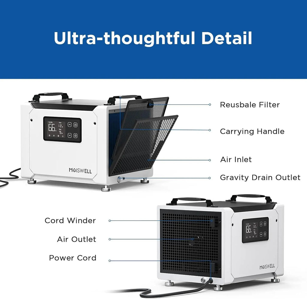 Moiswell 70 Pints Commercial Dehumidifier with Drain Hose | Compact Crawl Space Dehumidifier for Basement Home Auto Defrost