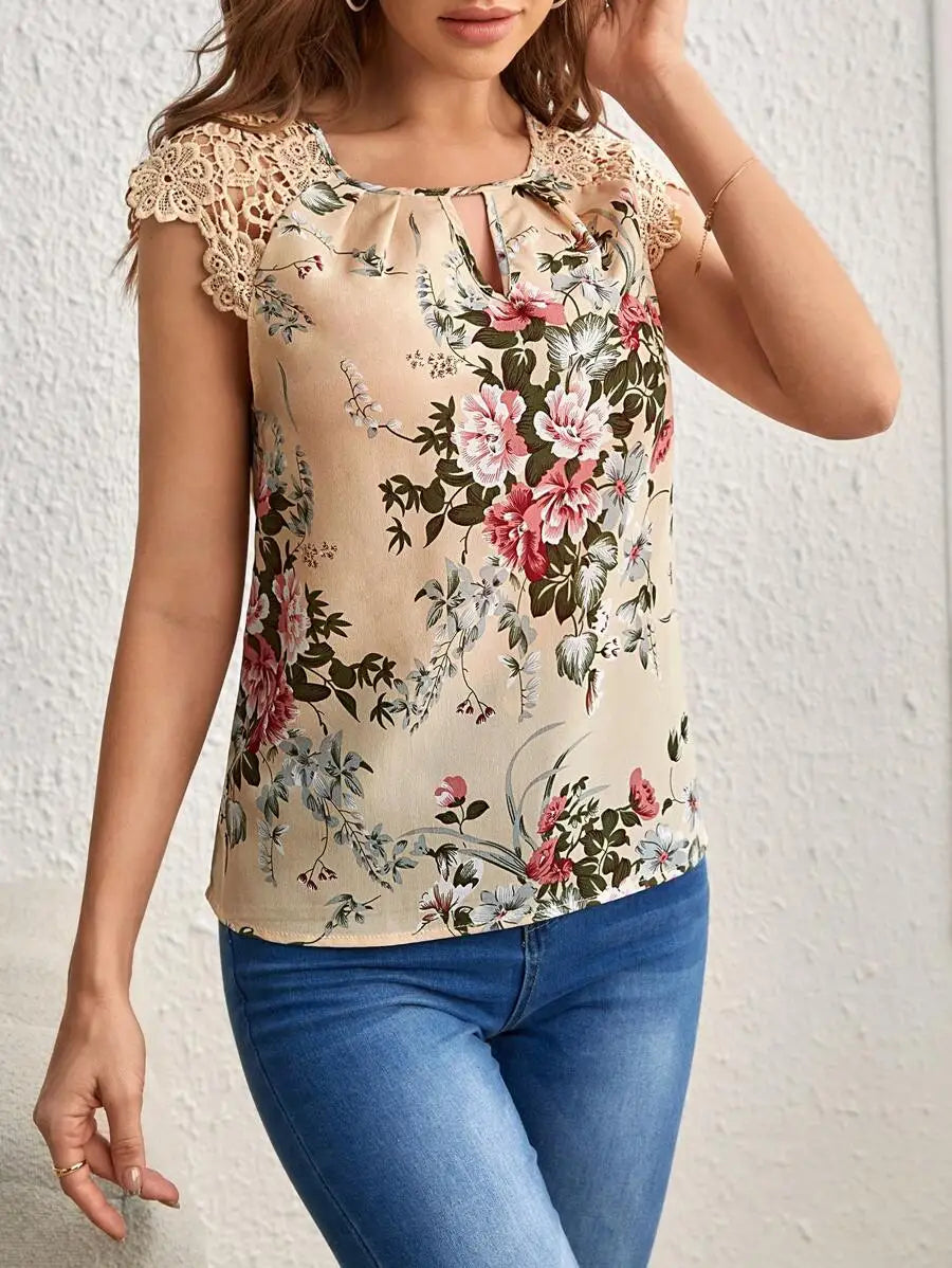 Women Beige Floral Print Blouse Round Neck Keyhole Shoulder Lace Sleeveless Top Spring Summer Sweet Elegant Daily Casual T-Shirt