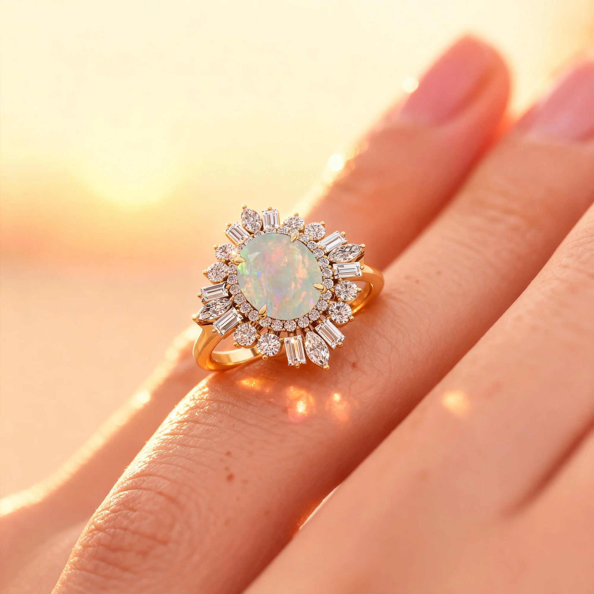 Gorgeous Ethiopian Opal Oval Cut Gemstone Real Diamonds Unique Design Halo Solitaire Rings Solid Gold Rhodium Plated Fine Party