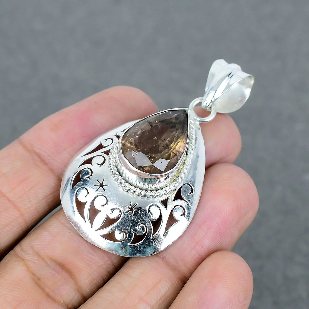 Natural Smoky Quartz Pear Shape Gemstone 925 Silver Plated Brass Pendant Trendy Fashionable Pendant For Women Men