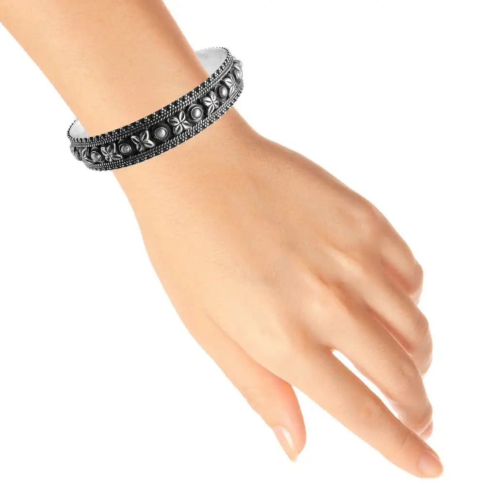 Ethnic Mother Pearl Bezel Set Artisan Silver Bangle Handmade Bohemian Jewelry For Men And Women Available At Reasonable Price
