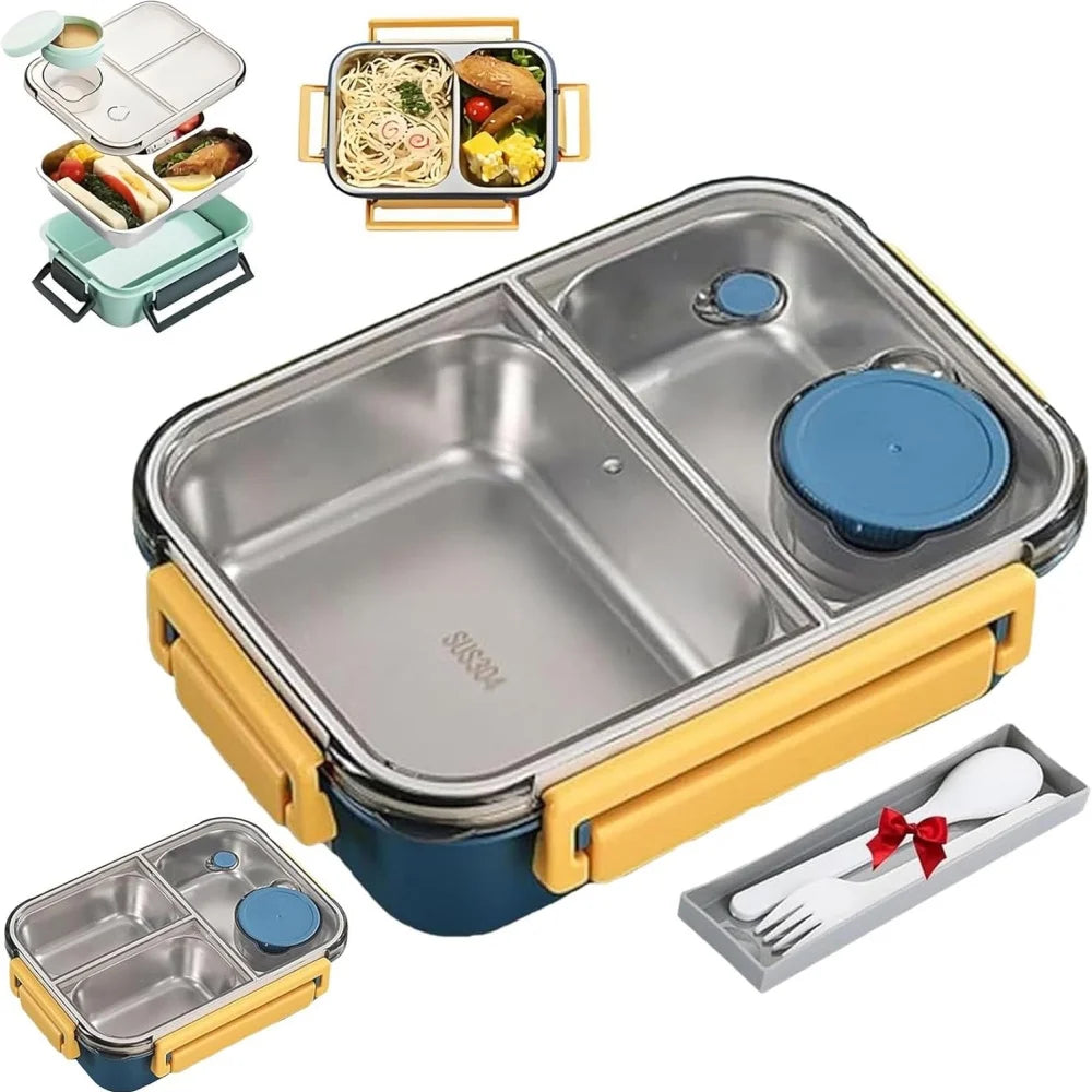304 Stainless Steel Lunch Box with Tableware for Adults Kids Leakproof Lunch Container Portable Grids Bento Box Food Containers