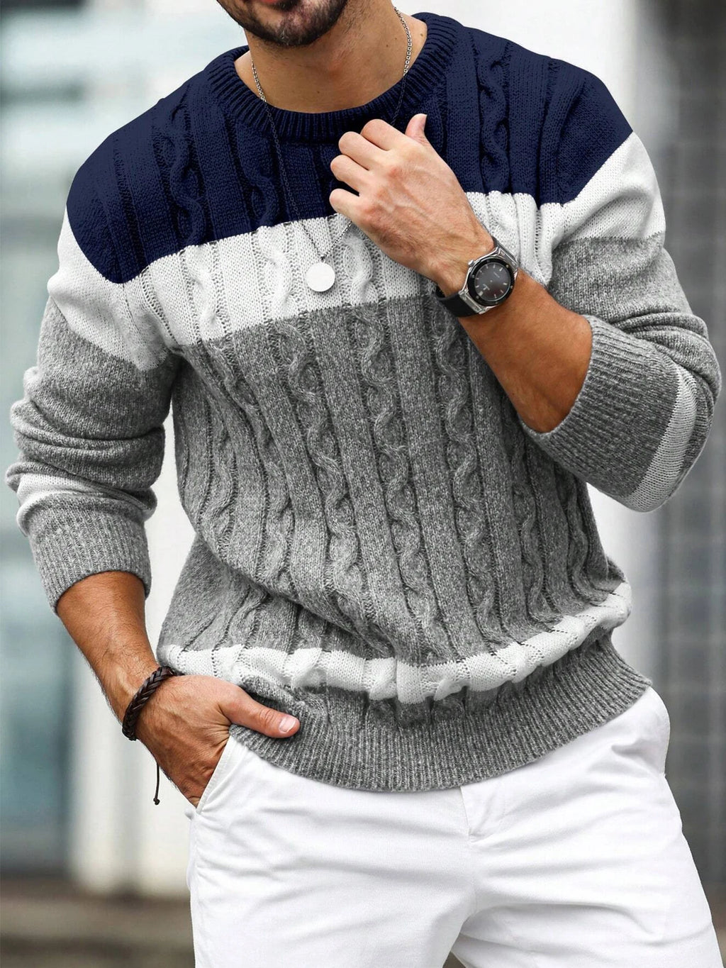 New Autumn And Winter Men's Contrasting Color Round Neck Pullover Loose Sweater Trendy Casual Warm Knit Comfortable Base Sweater
