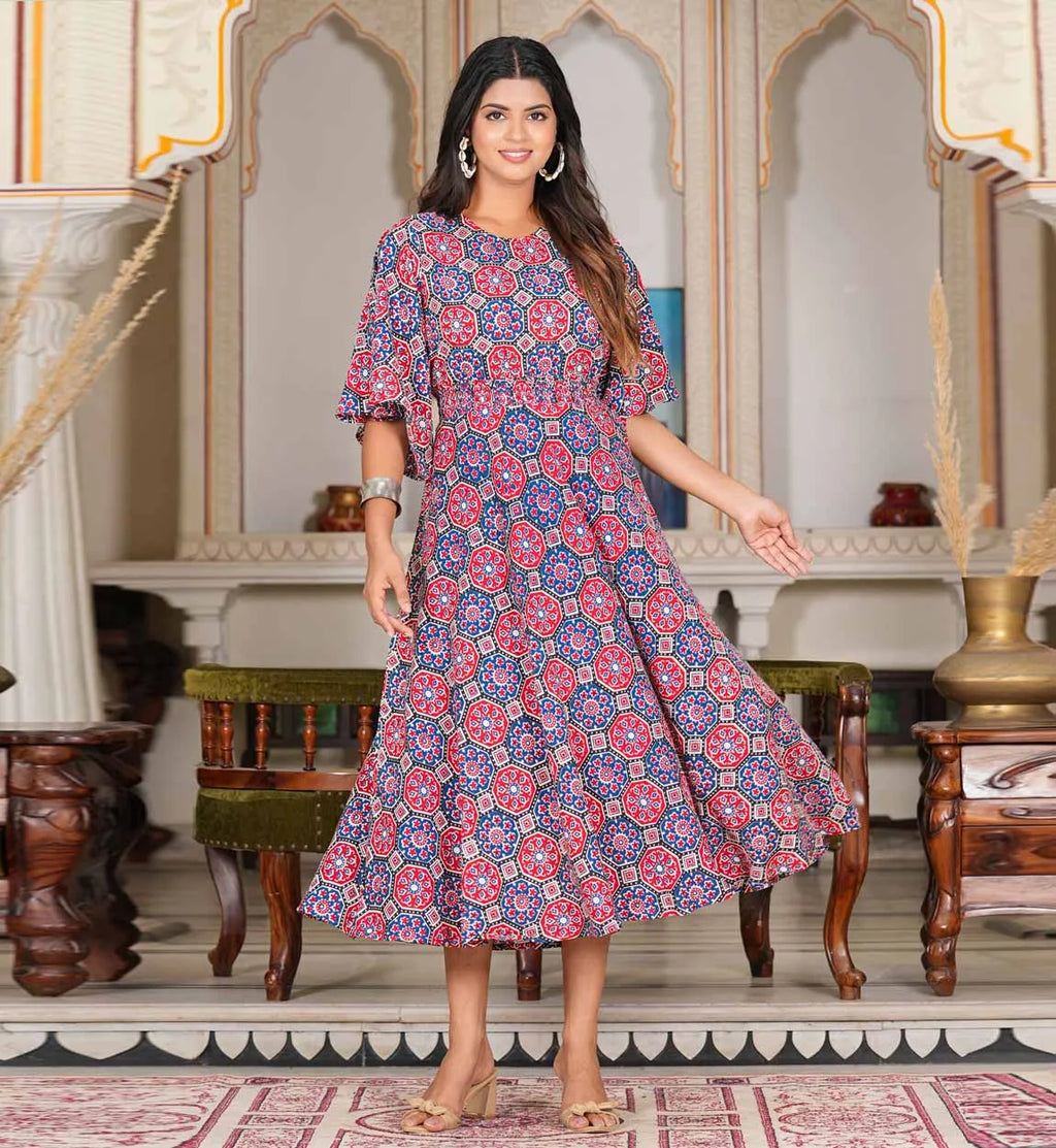 Multi Floral Printed Formal Smoking Anarkali Dress Rayon Flared Sleeves Neck Women Colorful Elegant Ethnic Summer Pattern 2