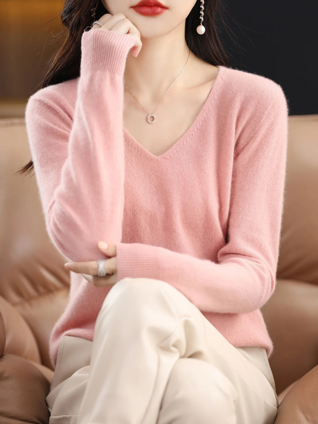Sweater for Women 100% Merino Wool V Neck Sweater Fall Winter Basic Warm Pullovers Long Sleeve Soft Knit Jumpers Female Clothing