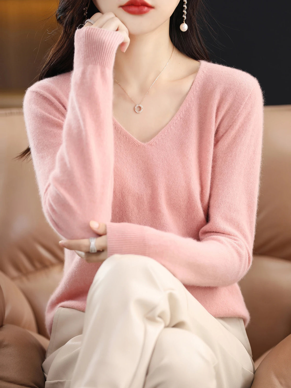 Sweater for Women 100% Merino Wool V Neck Sweater Fall Winter Basic Warm Pullovers Long Sleeve Soft Knit Jumpers Female Clothing