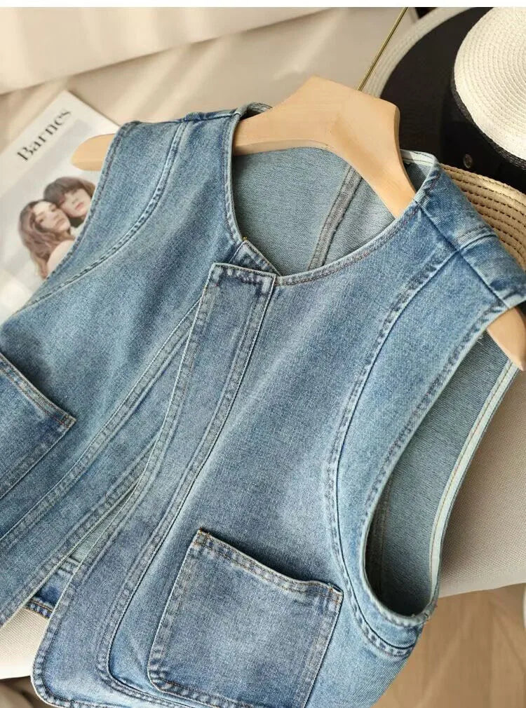 Denim Vest Ladies Clothes Clearance Sleeveless Round Neck Casual Crop Denim Waistcoat Streetwear Fashion Vests For Women 2026