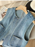 Vintage Denim Vest Women New Round Neck Loose Fit Slimming Waistcoat Fashion Sleeveless Top Casual Versatile Outerwear Jacket