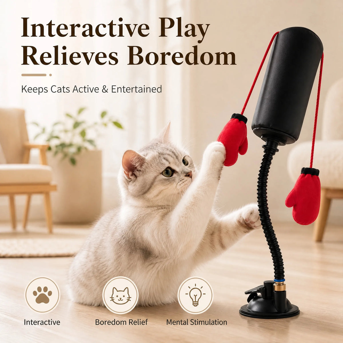 Paw Punch Cat Boxing Toy Cat Punching Bag with Boxing Gloves-Interactive Exercise Toy Indoor Play Durable Suction Cup Activity
