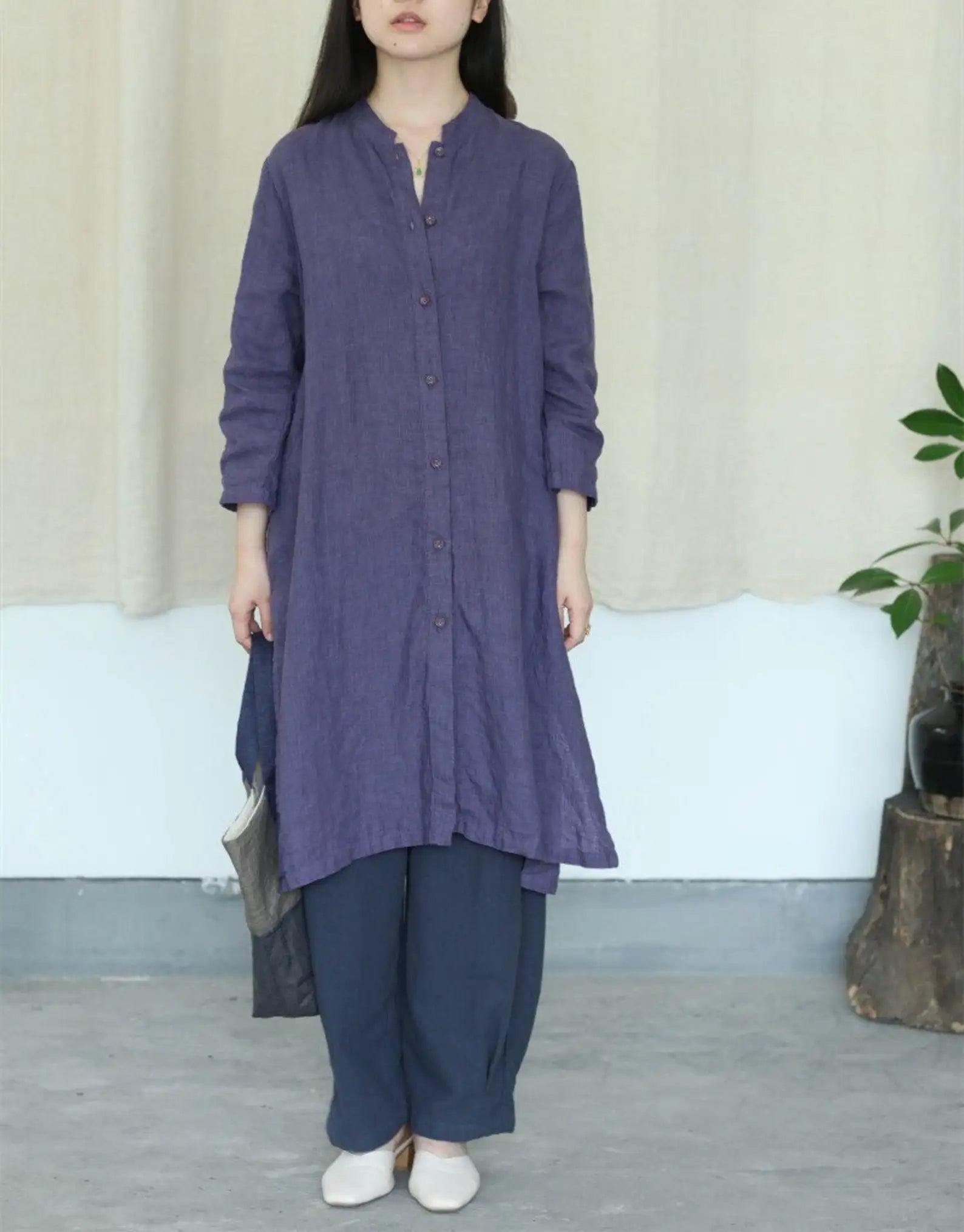 Custom Women's 100% Linen Midi Dress Regular Fit Robe Buttons Woven Eco-Friendly Washable Natural Waistline Plus Size