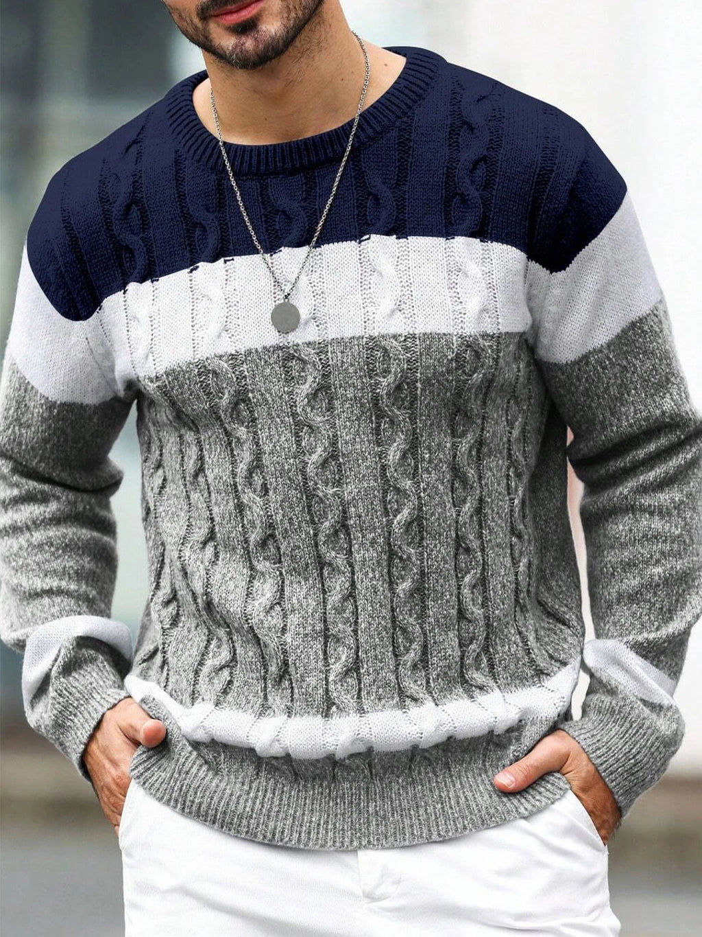 New Autumn And Winter Men's Contrasting Color Round Neck Pullover Loose Sweater Trendy Casual Warm Knit Comfortable Base Sweater