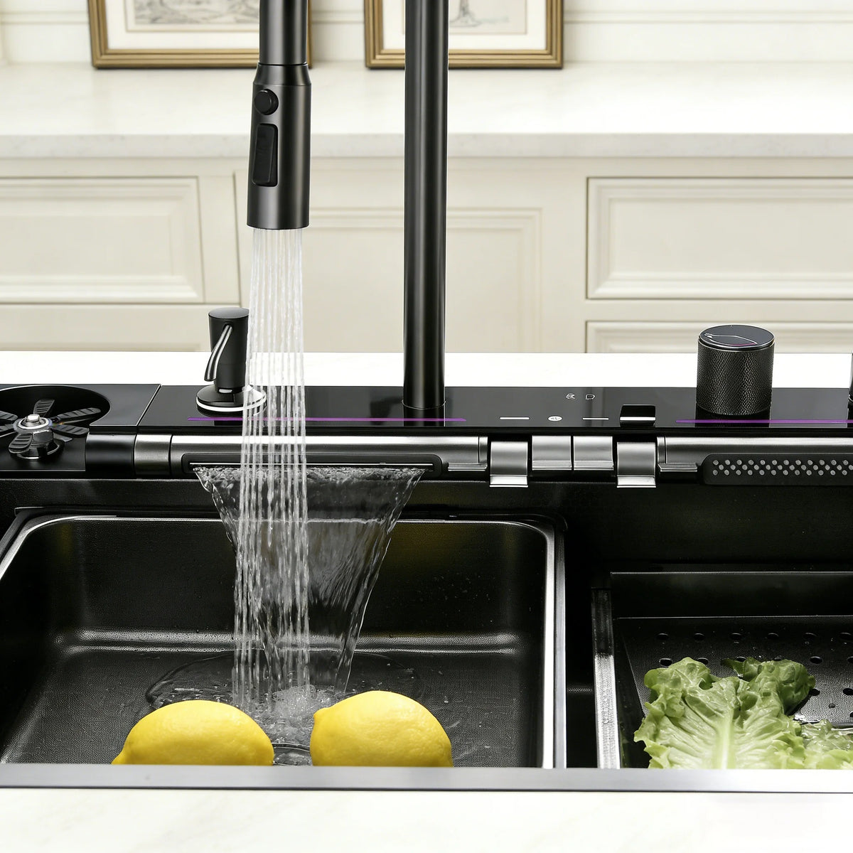 Broncho 29.5"×17.7" Waterfall Kitchen Sink SUS304 Stainless Steel Single Bowl Workstation Sink with LED Digital Display 5‑Mode Piano Faucet Full Installation Accessories