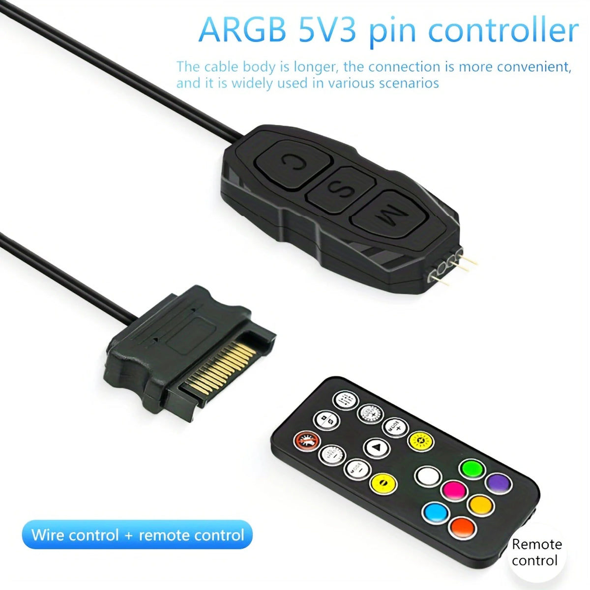 ARGB Controller 5V 3Pin SATA Powered RGB Control for PC Fan LED Strip Water Cooler - Standard Version / Remote Control Version