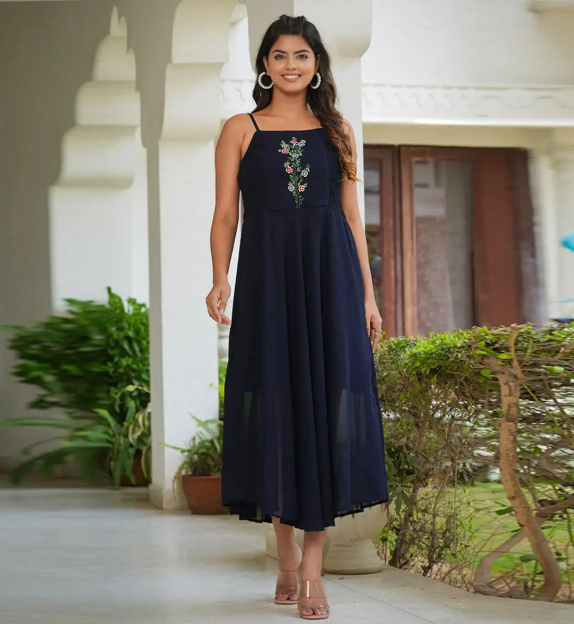 Blue solid smoking embroidered georgette a-line dress women with sleeveless design and square neck crafted soft flowing fabric